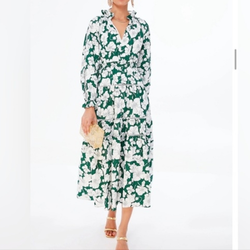 Tuckernuck Emerald Green and White Floral Tiered Midi Dress